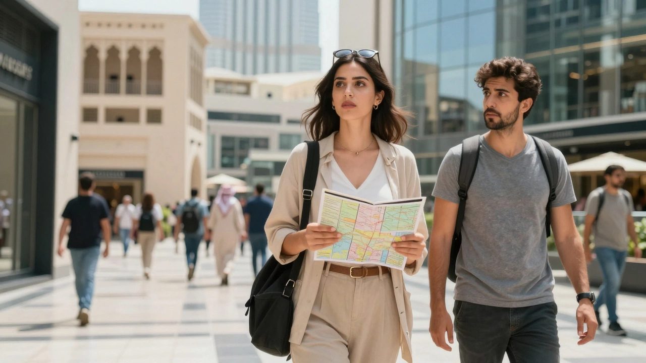 A woman guides a tourist through a busy Dubai mall, blending modern and traditional cityscapes in the background.